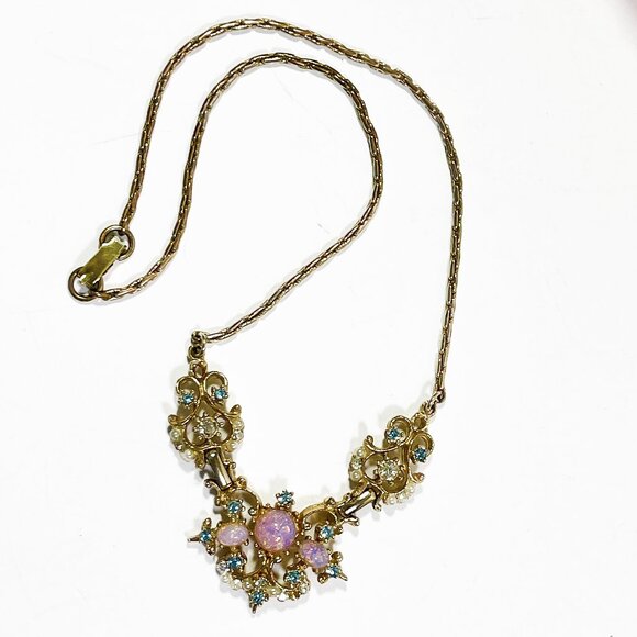 Vintage Estate Necklace Gold Tone Chain Pink Moon Glass Seed Pearls Aqua Crystal - Picture 8 of 9